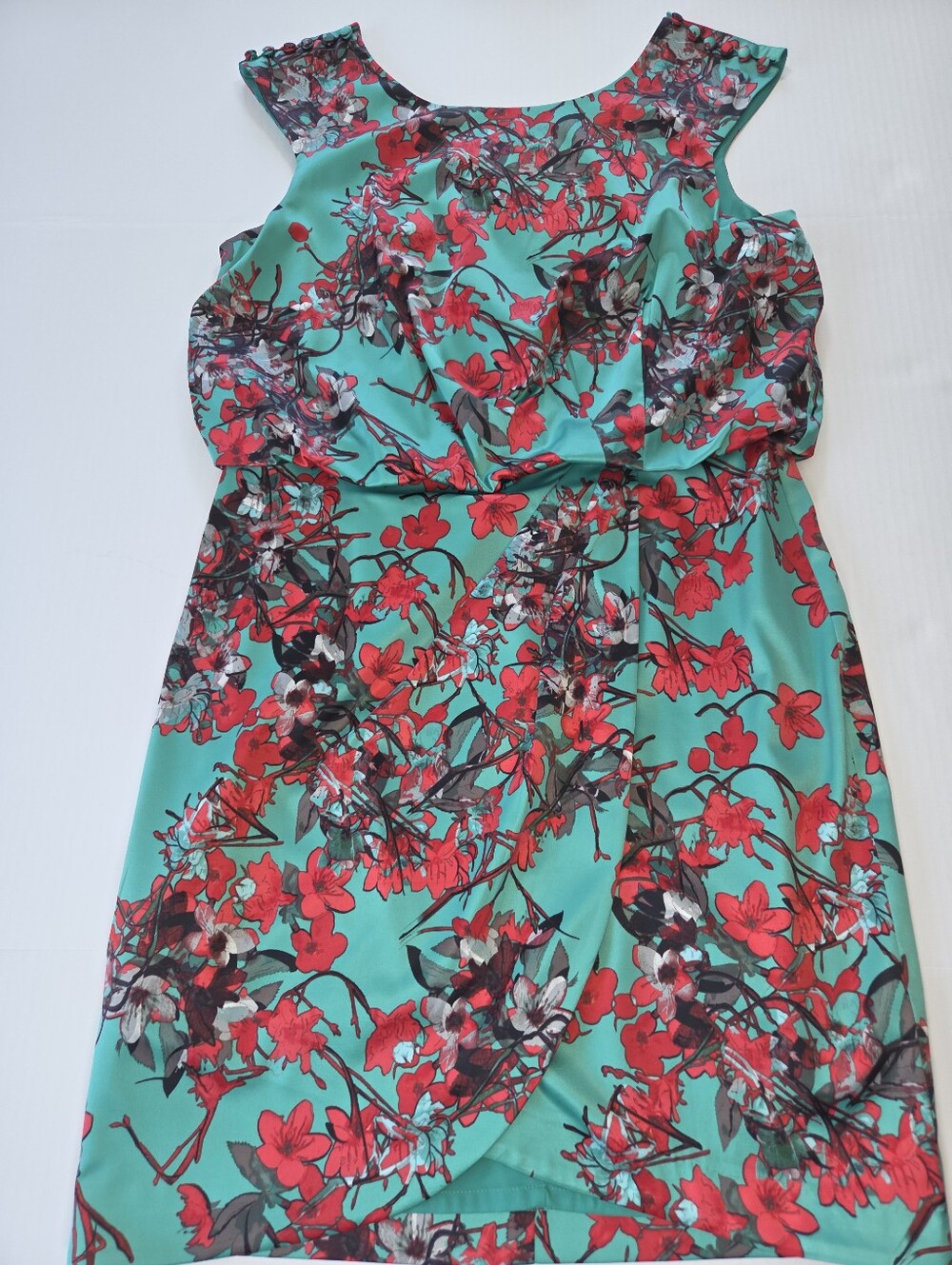 Jessica Simpson Floral Cap Sleeve Tulip Hem Ruched Waist Silky Feel Dress Midi